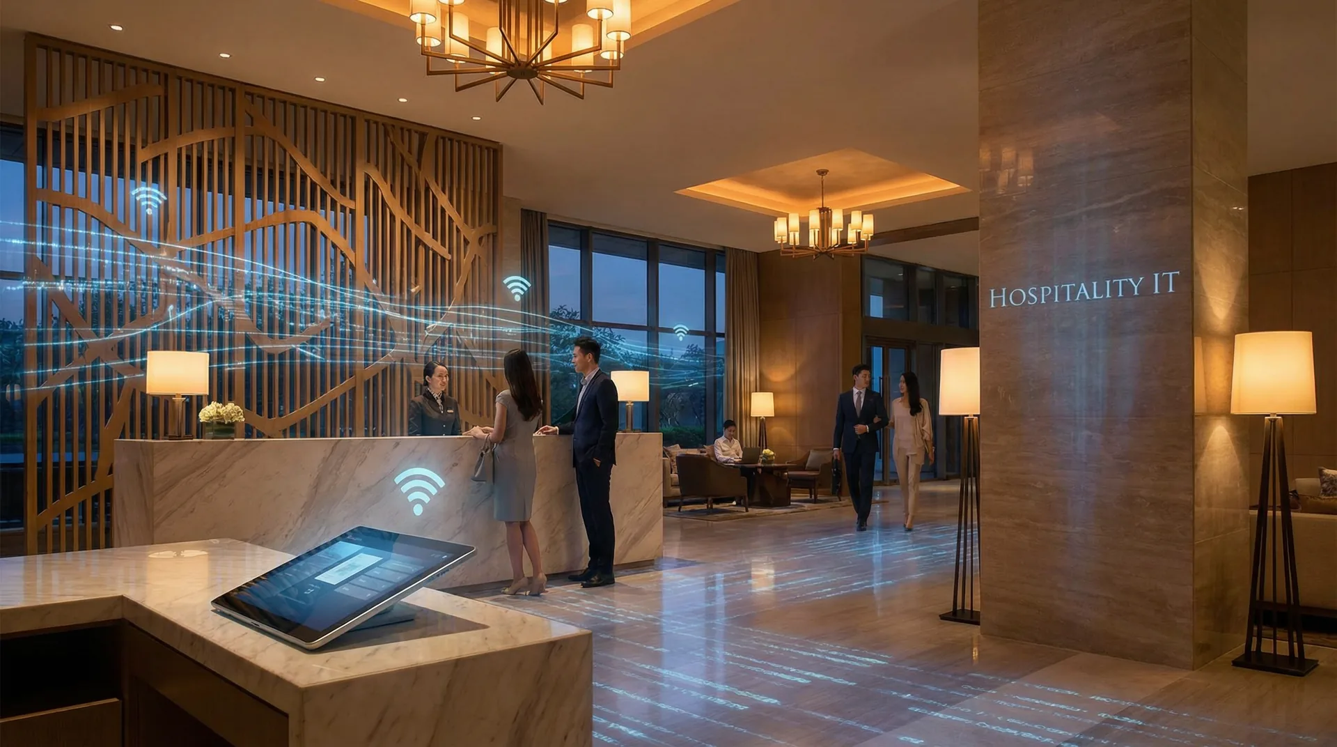 Hotel lobby supported by hospitality technology